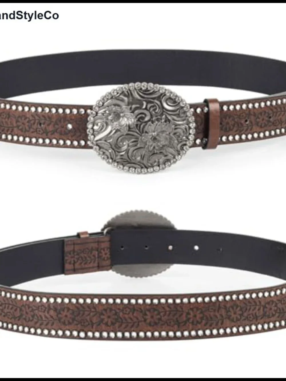 PU-Leather Floral Western Belt Diamond Buckle Cowgirl Belt for Women 28-38 Waist